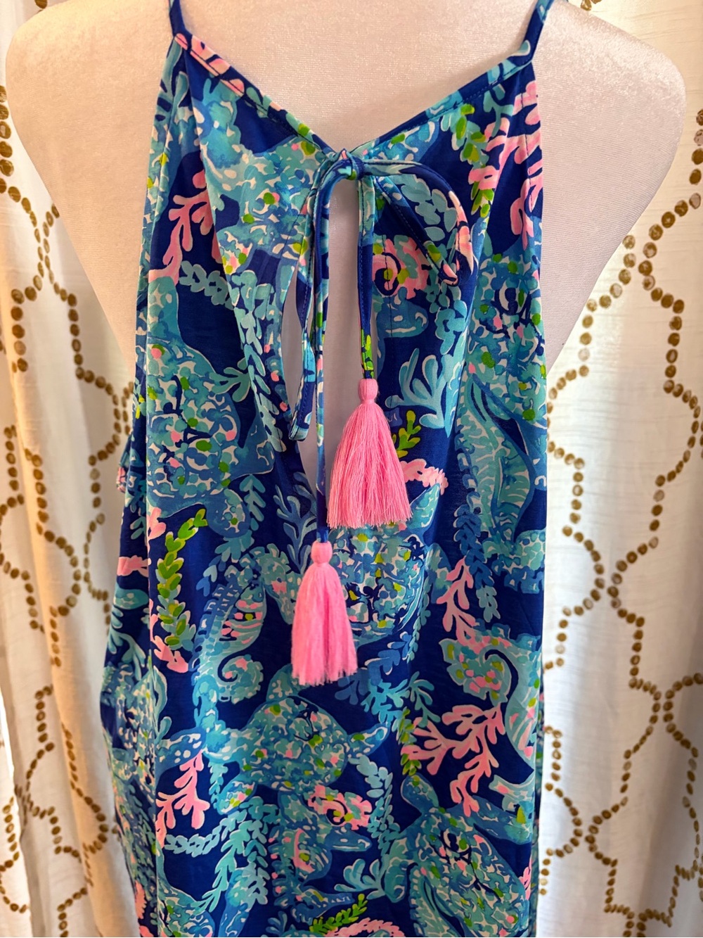 Lilly Pulitzer Navy Floral Spaghetti-Strap Dress with Pink Trim - Picture 3 of 8